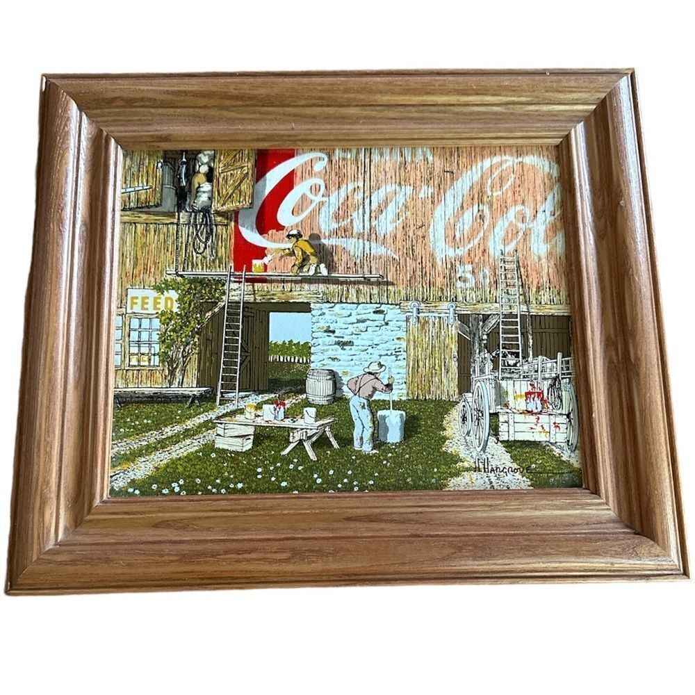 VTG H. Hargrove Coca-Cola Serigraph OilPainting on Canvas | Signed Oak Frame